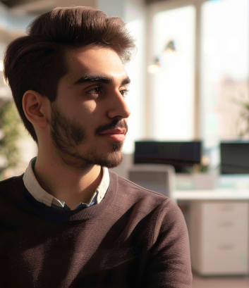 Amir Reza, a young professional with a beard, looking thoughtfully out a window in a bright office.