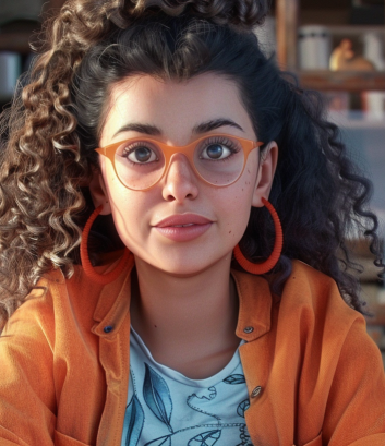 Farahnaz, a young woman with curly hair and glasses, focused at her office desk.